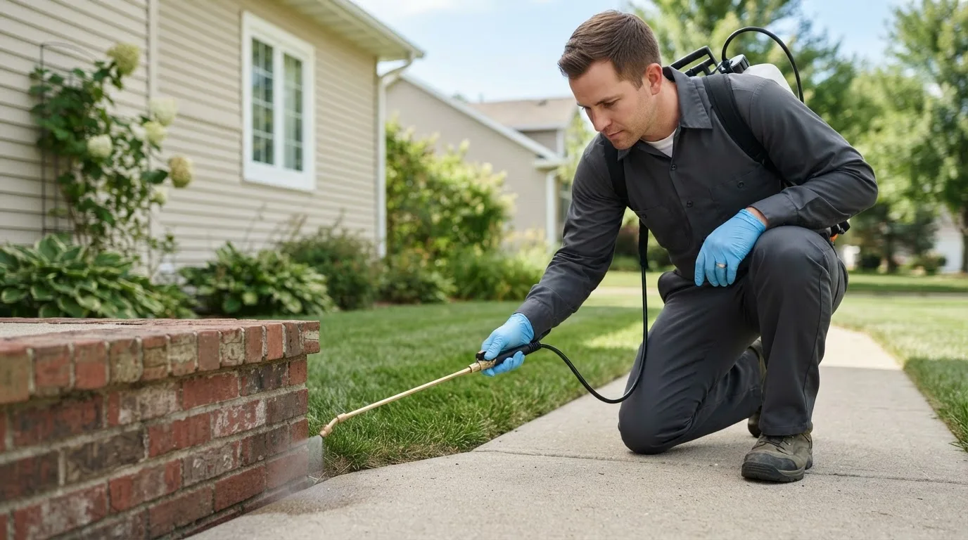 Pest control technician treating a home near Menard, TX